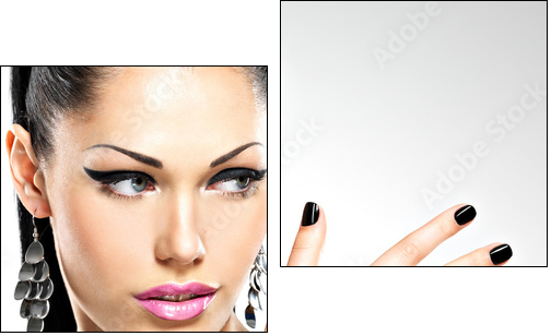 Beautiful fashion sexy woman with black nails at pretty face - Two-piece canvas print, Diptych