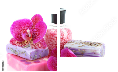 Sea salt, soap and orchid isolated on white - Two-piece canvas print, Diptych