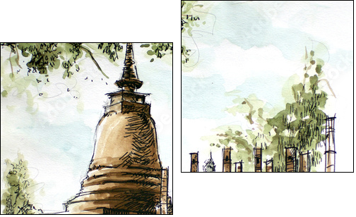 thailand ancient  temple water color painting - Two-piece canvas print, Diptych