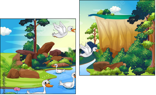A group of ducks at the river in the forest - Two-piece canvas print, Diptych