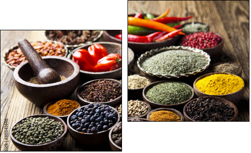 Spices on wooden bowl background  - Two-piece canvas print, Diptych