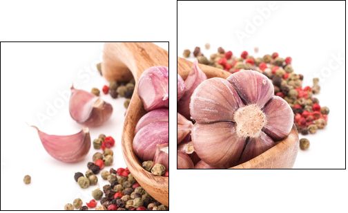 Garlic cloves in wooden bowl isolated on white background - Two-piece canvas print, Diptych