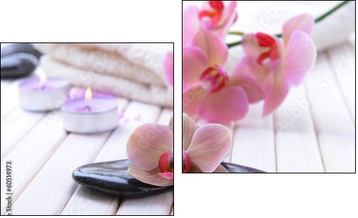 Still life with beautiful blooming orchid flower, towel and spa - Two-piece canvas print, Diptych