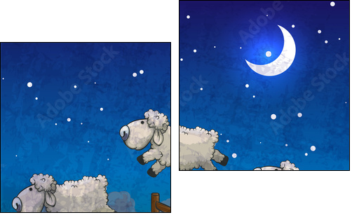 Three sheep  jumping over the fence. Count them to sleep. - Two-piece canvas print, Diptych