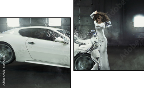 Alluring fashionable lady in the middle of car crash - Two-piece canvas print, Diptych
