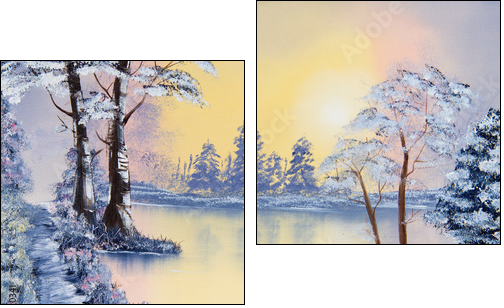 Painting of a pond in Winter - Two-piece canvas print, Diptych