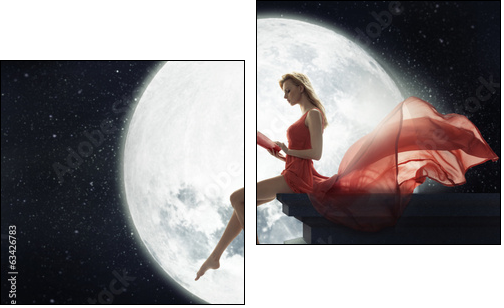 Cute woman over full moon background - Two-piece canvas print, Diptych