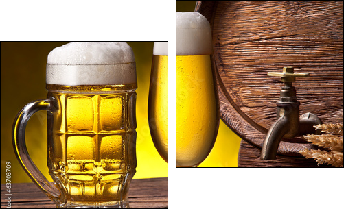 Beer glasses, old oak barrel and wheat ears. - Two-piece canvas print, Diptych