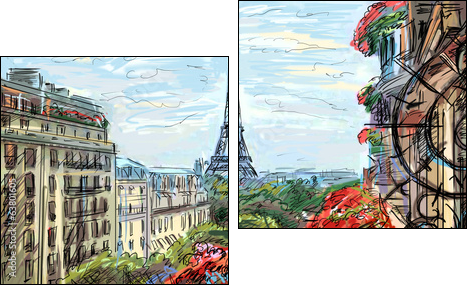 Street in paris - illustration - Two-piece canvas print, Diptych