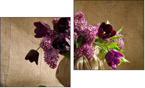 Beautiful bouquet of tulips with sprigs of lilac in a vase on a - Two-piece canvas print, Diptych