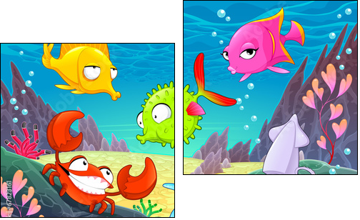 Funny happy animals under the sea. - Two-piece canvas print, Diptych