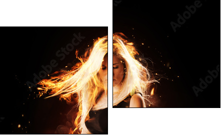 Burning girl with flaming guitar on black background - Two-piece canvas print, Diptych