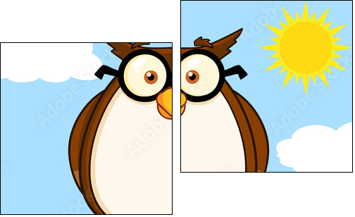 Wise Owl On Tree Cartoon Character - Two-piece canvas print, Diptych