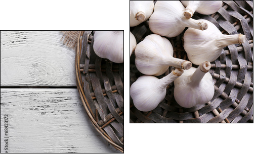 Fresh garlic on wicker mat, on wooden background - Two-piece canvas print, Diptych
