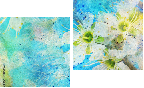 messy watercolor splatter and blooming spring twig - Two-piece canvas print, Diptych