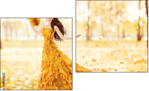 Autumn woman in fashion dress of fall maple leaves, artistic - Two-piece canvas print, Diptych