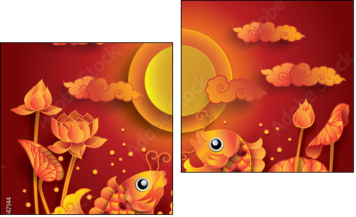 Golden koi fish with fullmoon - Two-piece canvas print, Diptych