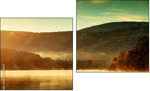 Beautiful autumn landscape, the lake in the morning fog - Two-piece canvas print, Diptych