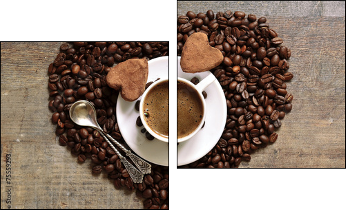 Cup of coffee with heart-shaped chocolate truffles. - Two-piece canvas print, Diptych