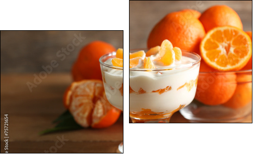 Tasty milk dessert with fresh tangerine pieces in glass bowl, - Two-piece canvas print, Diptych