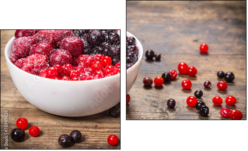 frozen berries in plate on wooden background - Two-piece canvas print, Diptych