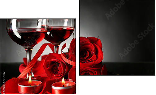 Composition with red wine in glasses, red rose and decorative - Two-piece canvas print, Diptych