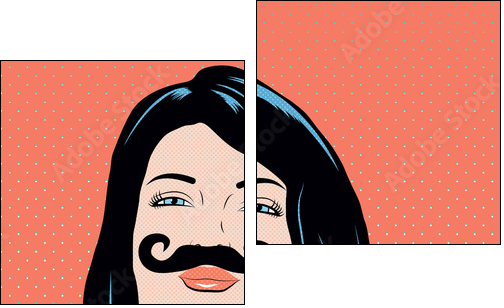 Pop art illustration with girl holding mustache mask. - Two-piece canvas print, Diptych