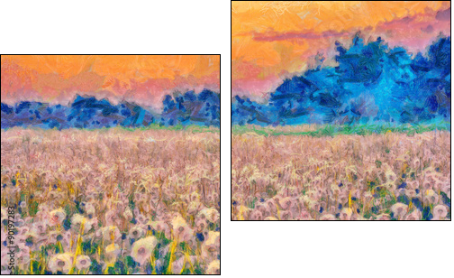 Summer meadow blow balls landscape painting - Two-piece canvas print, Diptych
