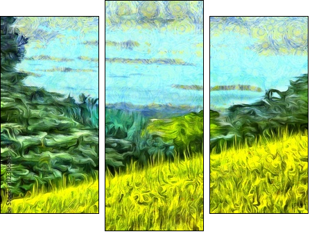 grass filled hillside against a background of trees and a blue sky - Three-piece canvas print, Triptych