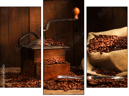 Antique coffee grinder with beans - Three-piece canvas print, Triptych