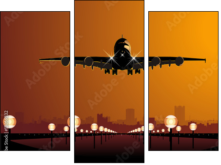 Vector airliner landing at sunset - Three-piece canvas print, Triptych