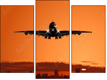 Airliner landing at skyline - Three-piece canvas print, Triptych