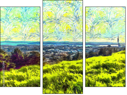 grass filled hillside against a background of trees and a blue sky with clouds - Three-piece canvas print, Triptych
