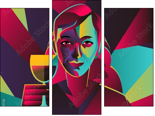 cubist colorful girl drinking wine - Three-piece canvas print, Triptych