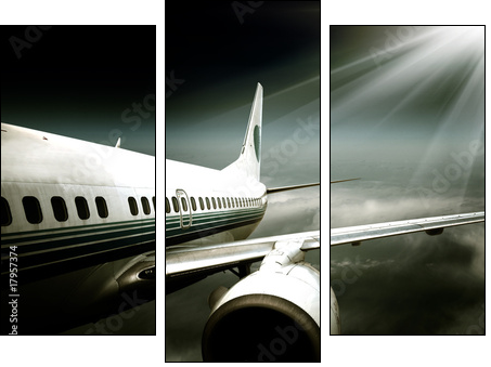 the airplane with the blue sky background. - Three-piece canvas print, Triptych
