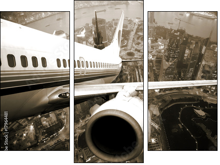 the airplane take off from the city night. - Three-piece canvas print, Triptych
