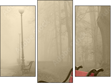 red bench in the fog - Three-piece canvas print, Triptych