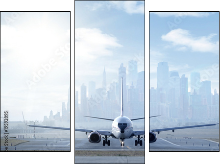 Big aircraft on runway in big city - Three-piece canvas print, Triptych
