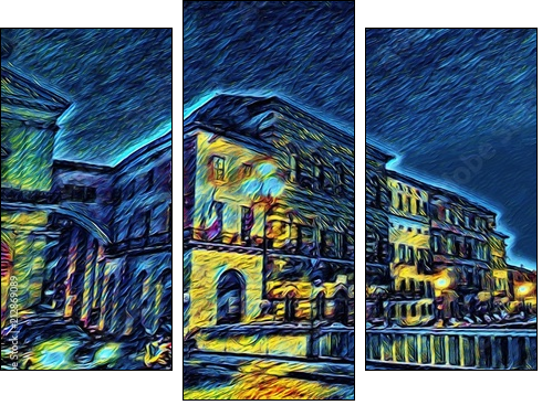 Ponte di mezzo in Pisa, Italy. Old houses at embankment. Italian bridge. Big size oil painting fine art in Vincent Van Gogh style. Modern impressionism drawn. Creative artistic print or poster. - Three-piece canvas print, Triptych