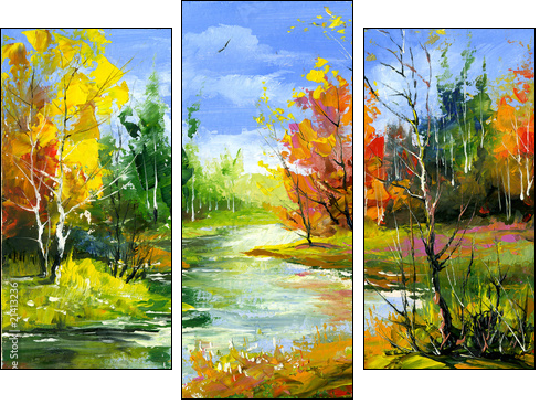 Autumn landscape with the wood river - Three-piece canvas print, Triptych