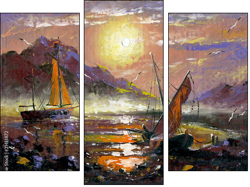 Sea landscape with sailing vessels - Three-piece canvas print, Triptych