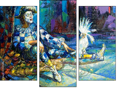 The harlequin and a white parrot - Three-piece canvas print, Triptych
