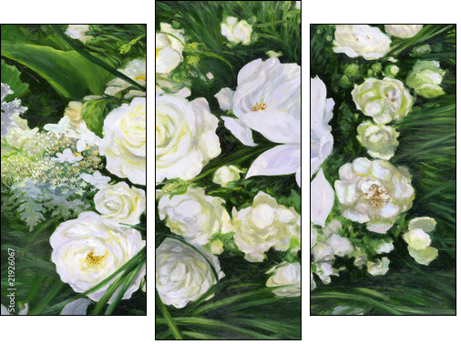White roses on a green background - Three-piece canvas print, Triptych