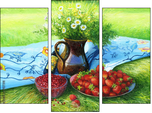 Still-life with camomiles and a strawberry - Three-piece canvas print, Triptych