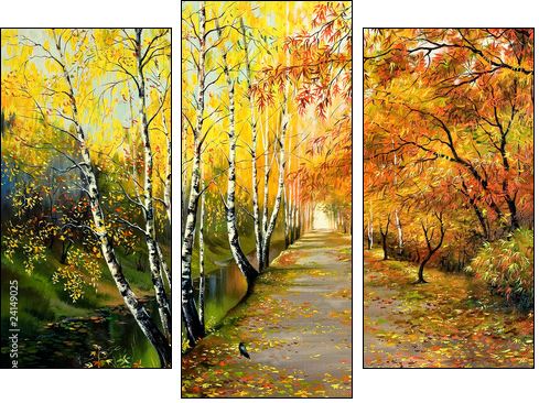 Autumn road along the channel - Three-piece canvas print, Triptych