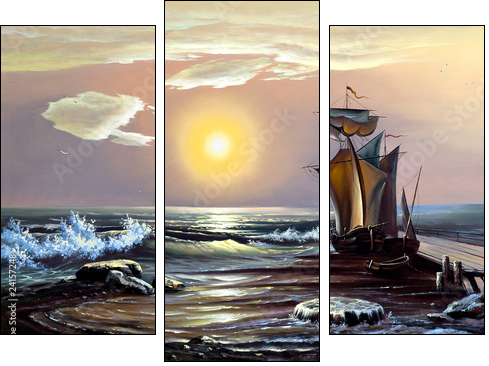 Sailing boat against the coming sun - Three-piece canvas print, Triptych
