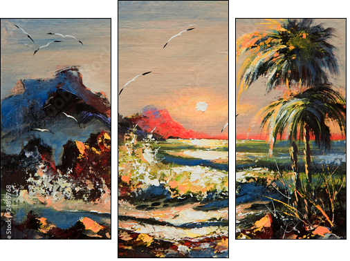 Sea landscape with palm trees and seagulls - Three-piece canvas print, Triptych