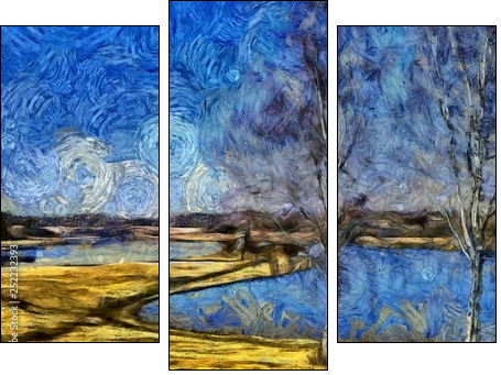 Incredible beauty of nature landscape. Spring season. Impressionism oil painting in Vincent Van Gogh modern style. Creative artistic print for canvas or textile. Wallpaper, poster or postcard design. - Three-piece canvas print, Triptych