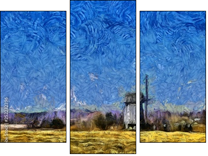 Nature landscape and old historical mill in village. Impressionism oil painting in Vincent Van Gogh modern style. Creative artistic print for canvas or textile. Wallpaper, poster or postcard design. - Three-piece canvas print, Triptych