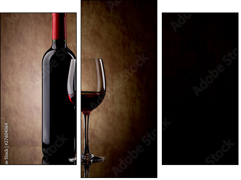 bottle with red wine and glass and grapes - Three-piece canvas print, Triptych